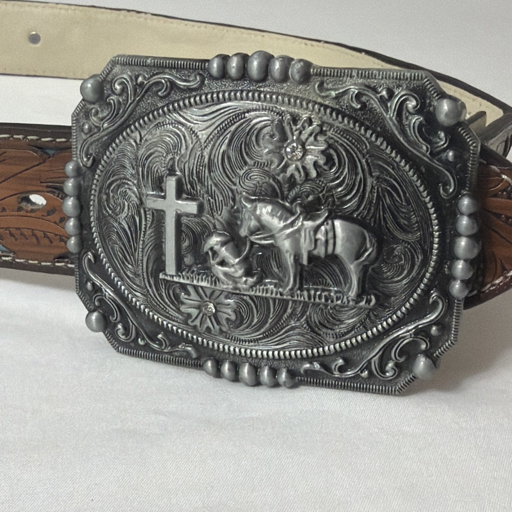 Womens Western Belt Size 36 Inch Cowboy Gem Stone Leather Belt Buckle Horse Fit